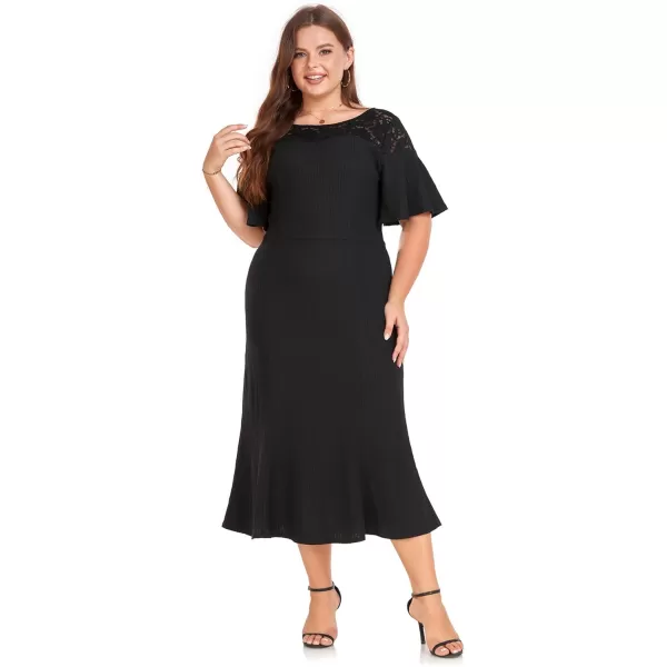 LALAGEN Womens 2023 Plus Size Wedding Guest Midi Dress Lace Patchwork Elegant Ruffle Short Sleeve Flare Cocktail Party DressBlack