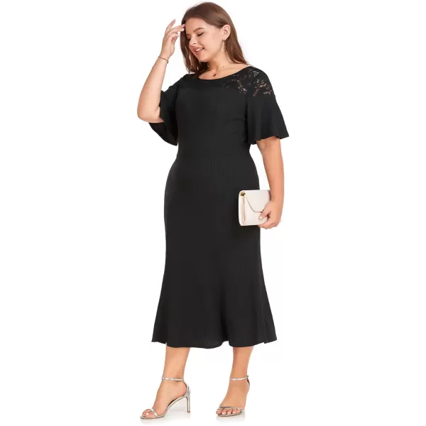 LALAGEN Womens 2023 Plus Size Wedding Guest Midi Dress Lace Patchwork Elegant Ruffle Short Sleeve Flare Cocktail Party DressBlack