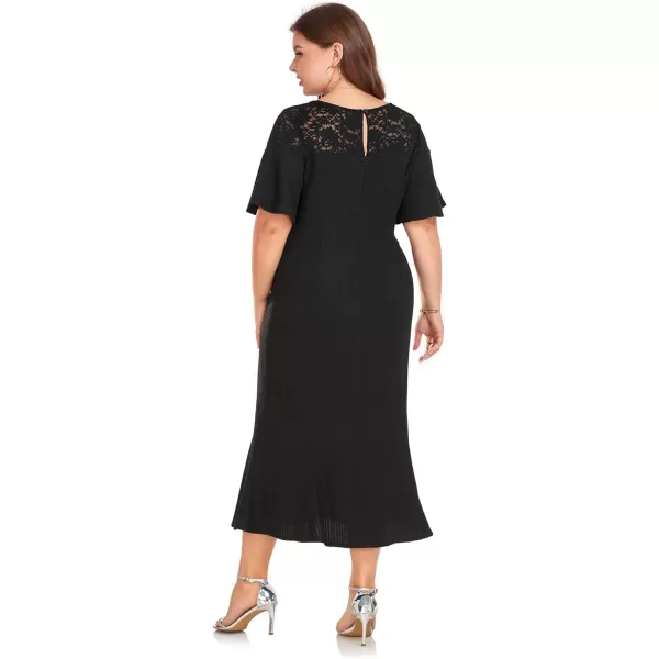 LALAGEN Womens 2023 Plus Size Wedding Guest Midi Dress Lace Patchwork Elegant Ruffle Short Sleeve Flare Cocktail Party DressBlack