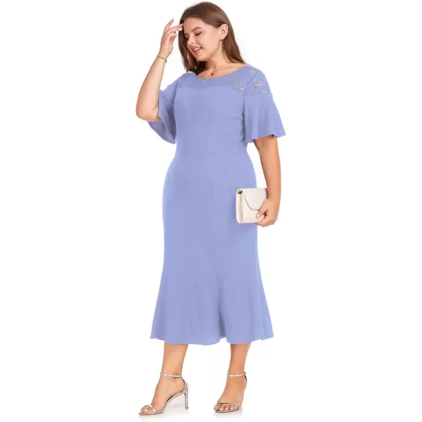 LALAGEN Womens 2023 Plus Size Wedding Guest Midi Dress Lace Patchwork Elegant Ruffle Short Sleeve Flare Cocktail Party DressBlue