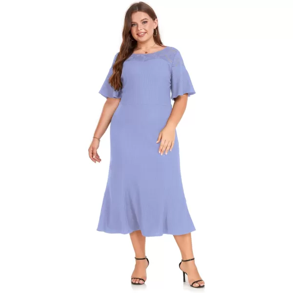 LALAGEN Womens 2023 Plus Size Wedding Guest Midi Dress Lace Patchwork Elegant Ruffle Short Sleeve Flare Cocktail Party DressBlue