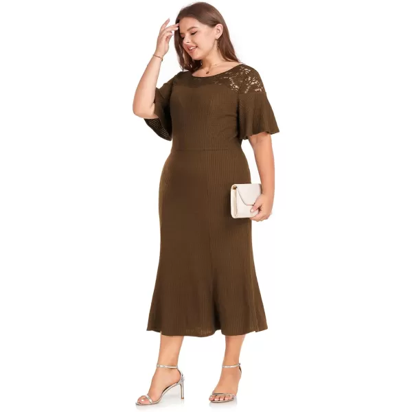 LALAGEN Womens 2023 Plus Size Wedding Guest Midi Dress Lace Patchwork Elegant Ruffle Short Sleeve Flare Cocktail Party DressCoffee