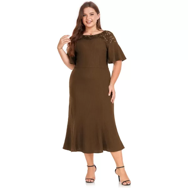 LALAGEN Womens 2023 Plus Size Wedding Guest Midi Dress Lace Patchwork Elegant Ruffle Short Sleeve Flare Cocktail Party DressCoffee