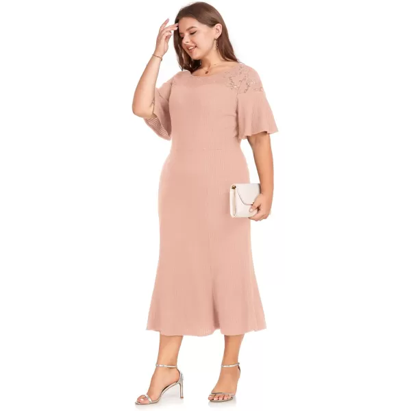 LALAGEN Womens 2023 Plus Size Wedding Guest Midi Dress Lace Patchwork Elegant Ruffle Short Sleeve Flare Cocktail Party DressMeat Pink