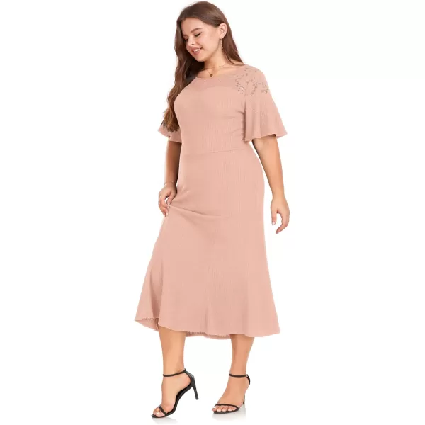 LALAGEN Womens 2023 Plus Size Wedding Guest Midi Dress Lace Patchwork Elegant Ruffle Short Sleeve Flare Cocktail Party DressMeat Pink