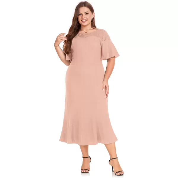 LALAGEN Womens 2023 Plus Size Wedding Guest Midi Dress Lace Patchwork Elegant Ruffle Short Sleeve Flare Cocktail Party DressMeat Pink