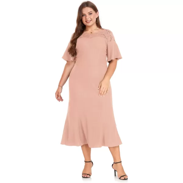 LALAGEN Womens 2023 Plus Size Wedding Guest Midi Dress Lace Patchwork Elegant Ruffle Short Sleeve Flare Cocktail Party DressMeat Pink