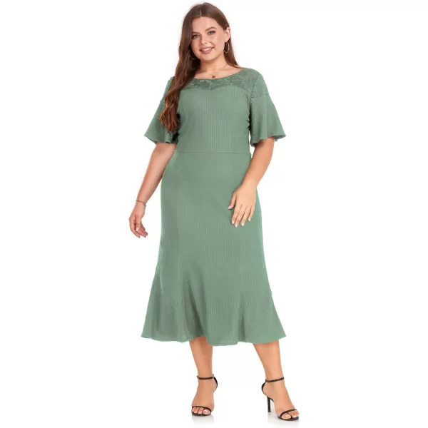 LALAGEN Womens 2023 Plus Size Wedding Guest Midi Dress Lace Patchwork Elegant Ruffle Short Sleeve Flare Cocktail Party DressPea Green