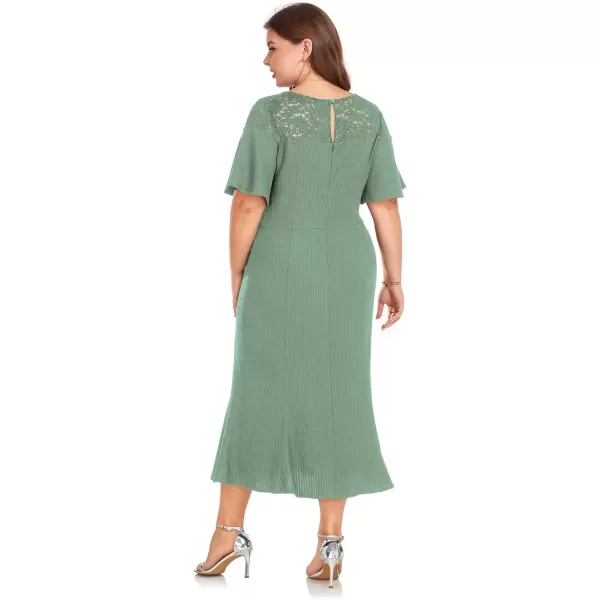 LALAGEN Womens 2023 Plus Size Wedding Guest Midi Dress Lace Patchwork Elegant Ruffle Short Sleeve Flare Cocktail Party DressPea Green