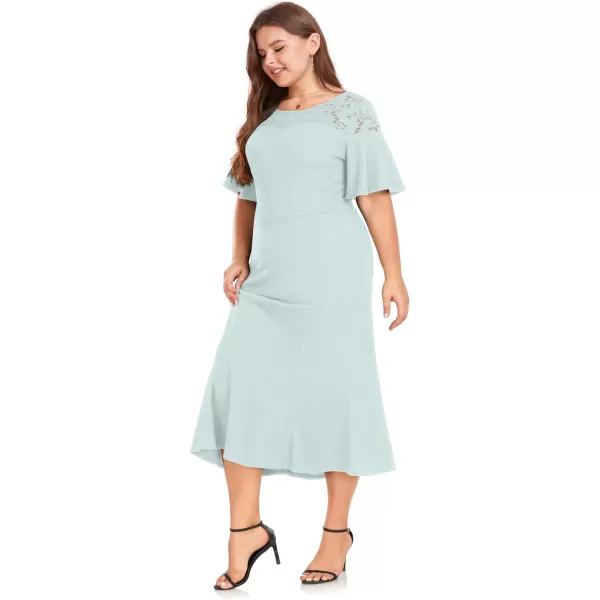 LALAGEN Womens 2023 Plus Size Wedding Guest Midi Dress Lace Patchwork Elegant Ruffle Short Sleeve Flare Cocktail Party DressSky Blue