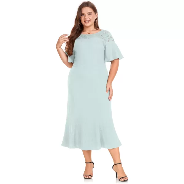 LALAGEN Womens 2023 Plus Size Wedding Guest Midi Dress Lace Patchwork Elegant Ruffle Short Sleeve Flare Cocktail Party DressSky Blue