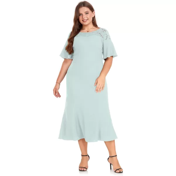 LALAGEN Womens 2023 Plus Size Wedding Guest Midi Dress Lace Patchwork Elegant Ruffle Short Sleeve Flare Cocktail Party DressSky Blue