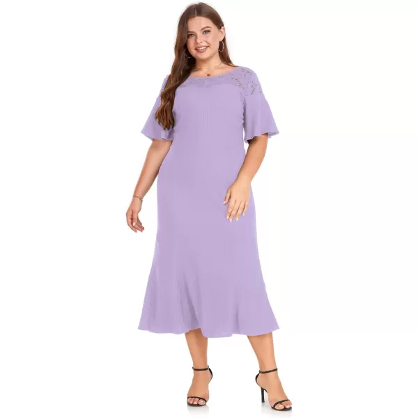 LALAGEN Womens 2023 Plus Size Wedding Guest Midi Dress Lace Patchwork Elegant Ruffle Short Sleeve Flare Cocktail Party DressTaro Purple