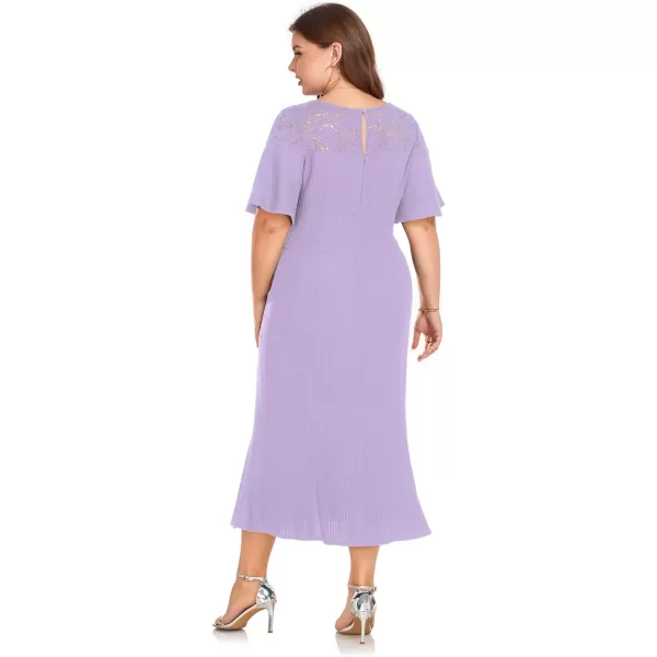 LALAGEN Womens 2023 Plus Size Wedding Guest Midi Dress Lace Patchwork Elegant Ruffle Short Sleeve Flare Cocktail Party DressTaro Purple