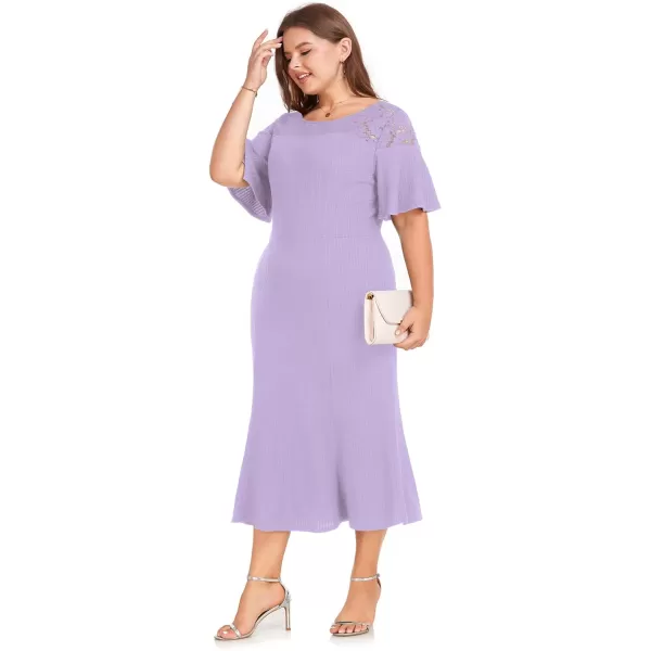 LALAGEN Womens 2023 Plus Size Wedding Guest Midi Dress Lace Patchwork Elegant Ruffle Short Sleeve Flare Cocktail Party DressTaro Purple