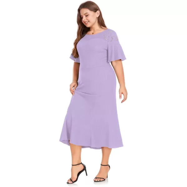 LALAGEN Womens 2023 Plus Size Wedding Guest Midi Dress Lace Patchwork Elegant Ruffle Short Sleeve Flare Cocktail Party DressTaro Purple