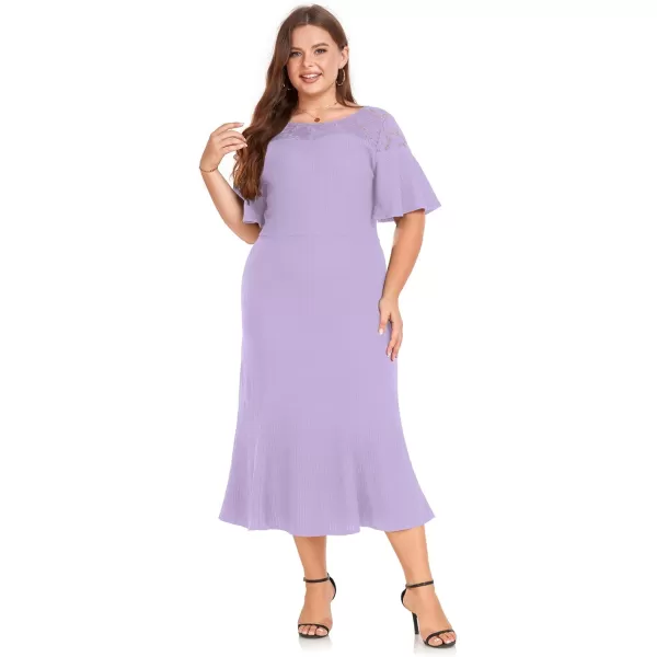 LALAGEN Womens 2023 Plus Size Wedding Guest Midi Dress Lace Patchwork Elegant Ruffle Short Sleeve Flare Cocktail Party DressTaro Purple