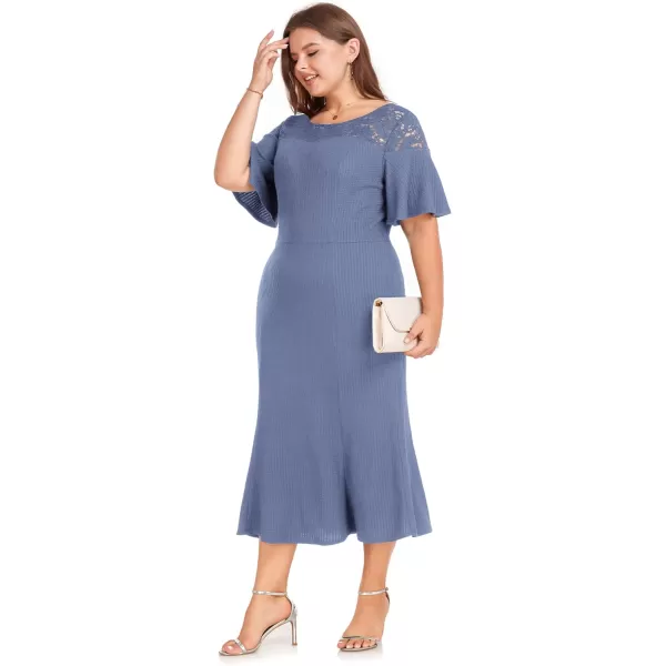 LALAGEN Womens 2023 Plus Size Wedding Guest Midi Dress Lace Patchwork Elegant Ruffle Short Sleeve Flare Cocktail Party DressTile Blue