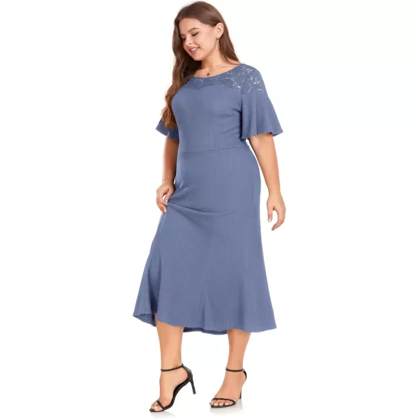 LALAGEN Womens 2023 Plus Size Wedding Guest Midi Dress Lace Patchwork Elegant Ruffle Short Sleeve Flare Cocktail Party DressTile Blue