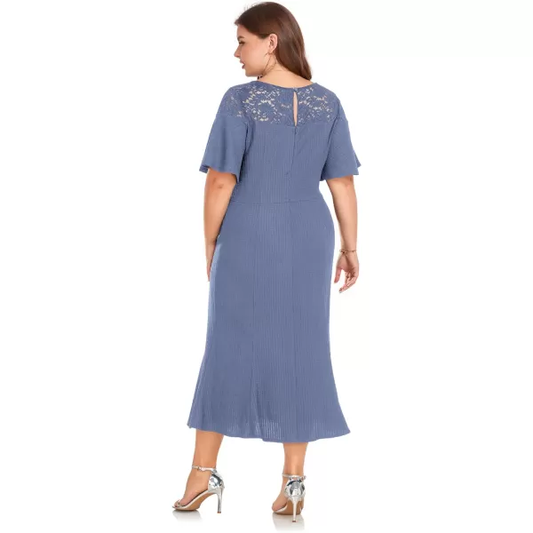 LALAGEN Womens 2023 Plus Size Wedding Guest Midi Dress Lace Patchwork Elegant Ruffle Short Sleeve Flare Cocktail Party DressTile Blue