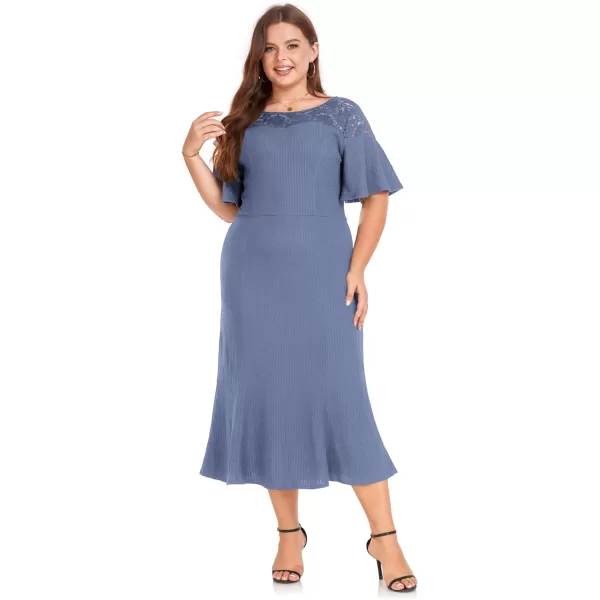 LALAGEN Womens 2023 Plus Size Wedding Guest Midi Dress Lace Patchwork Elegant Ruffle Short Sleeve Flare Cocktail Party DressTile Blue