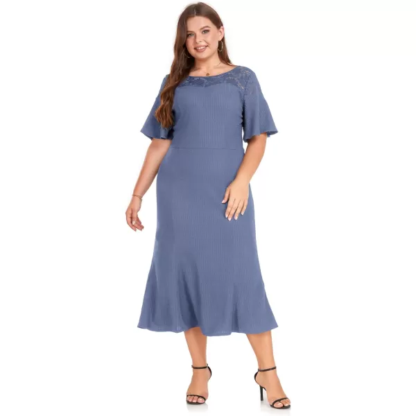 LALAGEN Womens 2023 Plus Size Wedding Guest Midi Dress Lace Patchwork Elegant Ruffle Short Sleeve Flare Cocktail Party DressTile Blue