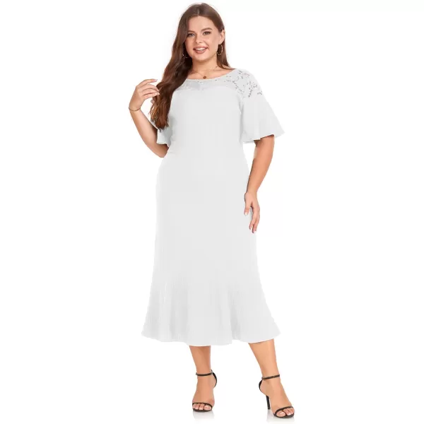 LALAGEN Womens 2023 Plus Size Wedding Guest Midi Dress Lace Patchwork Elegant Ruffle Short Sleeve Flare Cocktail Party DressWhite