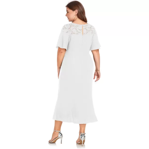 LALAGEN Womens 2023 Plus Size Wedding Guest Midi Dress Lace Patchwork Elegant Ruffle Short Sleeve Flare Cocktail Party DressWhite