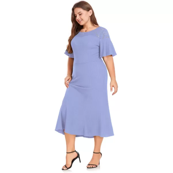 LALAGEN Womens 2024 Plus Size Wedding Guest Midi Dress Lace Patchwork Elegant Ruffle Short Sleeve Flare Cocktail Party DressBlue