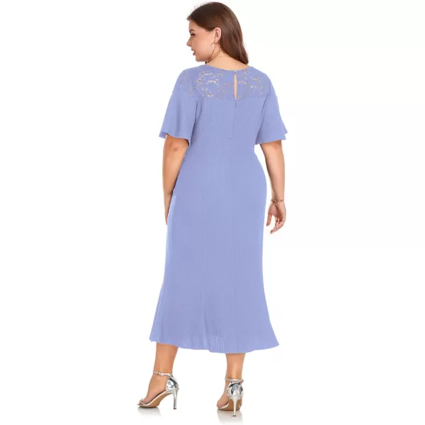 LALAGEN Womens 2024 Plus Size Wedding Guest Midi Dress Lace Patchwork Elegant Ruffle Short Sleeve Flare Cocktail Party DressBlue