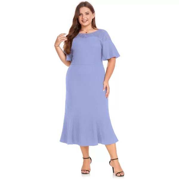 LALAGEN Womens 2024 Plus Size Wedding Guest Midi Dress Lace Patchwork Elegant Ruffle Short Sleeve Flare Cocktail Party DressBlue