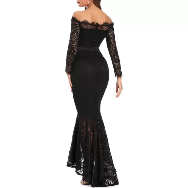 LALAGEN Womens Floral Lace Long Sleeve Off Shoulder Wedding Mermaid DressBlack