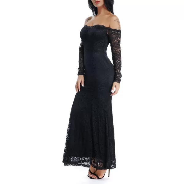 LALAGEN Womens Floral Lace Long Sleeve Off Shoulder Wedding Mermaid DressBlack1