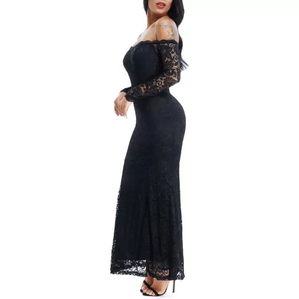 LALAGEN Womens Floral Lace Long Sleeve Off Shoulder Wedding Mermaid DressBlack1