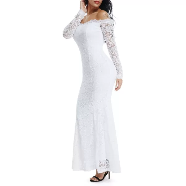 LALAGEN Womens Floral Lace Long Sleeve Off Shoulder Wedding Mermaid DressWhite1