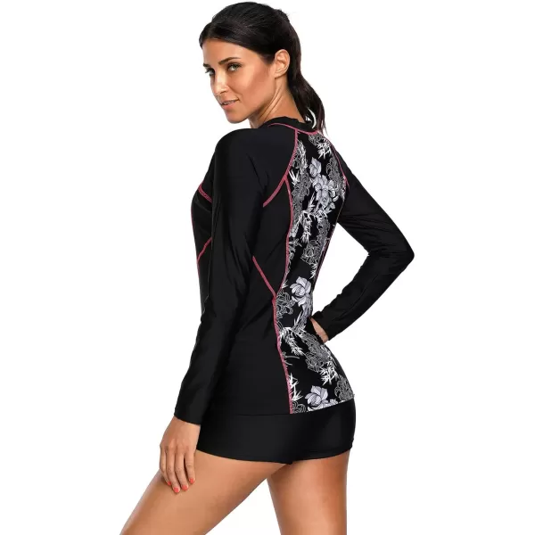 LALAGEN Womens Long Sleeve Sun Protection Rashguard Swimwear Athletic TankiniBlack Set