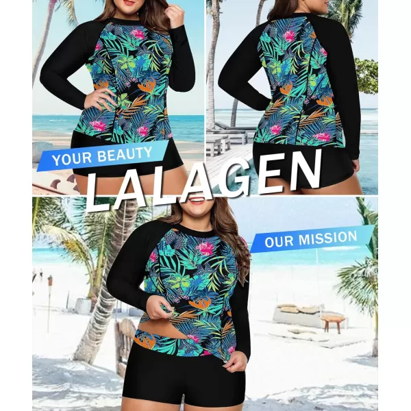 LALAGEN Womens Long Sleeve Sun Protection Rashguard Swimwear Athletic TankiniGreen Print