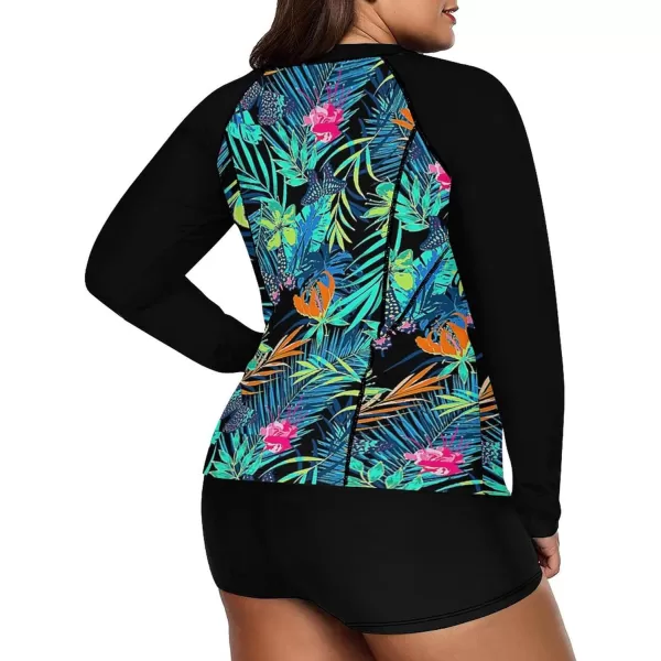 LALAGEN Womens Long Sleeve Sun Protection Rashguard Swimwear Athletic TankiniGreen Print