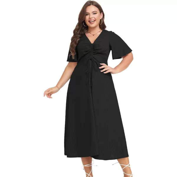 LALAGEN Womens Plus Size Boho Summer Midi Dress 2023 Flutter Short Sleeve Drawstring V Neck Flowy Beach Long Dress 1X6XBlack