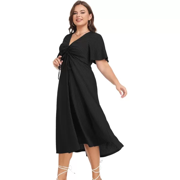 LALAGEN Womens Plus Size Boho Summer Midi Dress 2023 Flutter Short Sleeve Drawstring V Neck Flowy Beach Long Dress 1X6XBlack