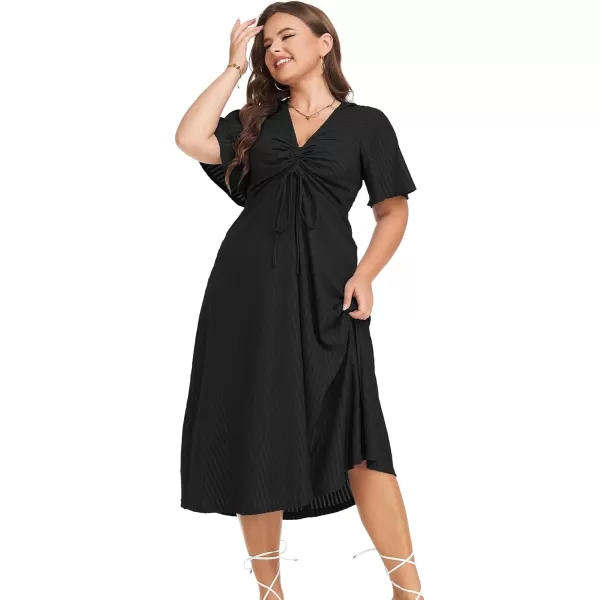 LALAGEN Womens Plus Size Boho Summer Midi Dress 2023 Flutter Short Sleeve Drawstring V Neck Flowy Beach Long Dress 1X6XBlack