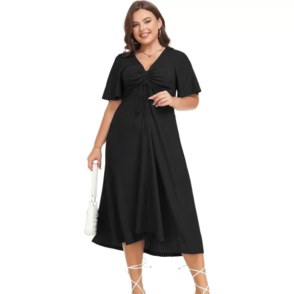 LALAGEN Womens Plus Size Boho Summer Midi Dress 2023 Flutter Short Sleeve Drawstring V Neck Flowy Beach Long Dress 1X6XBlack