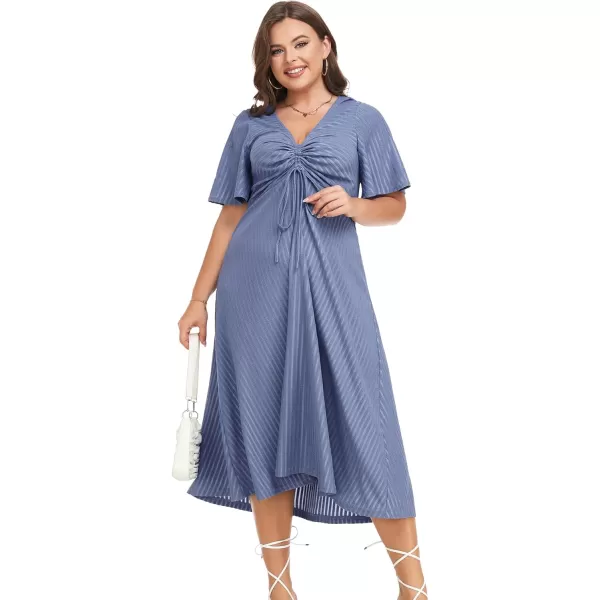 LALAGEN Womens Plus Size Boho Summer Midi Dress 2023 Flutter Short Sleeve Drawstring V Neck Flowy Beach Long Dress 1X6XBlue