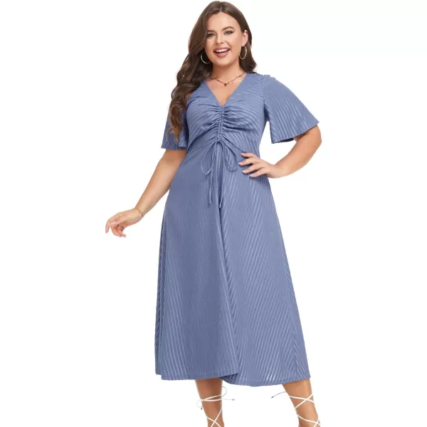 LALAGEN Womens Plus Size Boho Summer Midi Dress 2023 Flutter Short Sleeve Drawstring V Neck Flowy Beach Long Dress 1X6XBlue