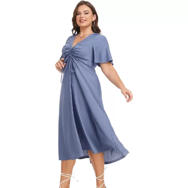 LALAGEN Womens Plus Size Boho Summer Midi Dress 2023 Flutter Short Sleeve Drawstring V Neck Flowy Beach Long Dress 1X6XBlue