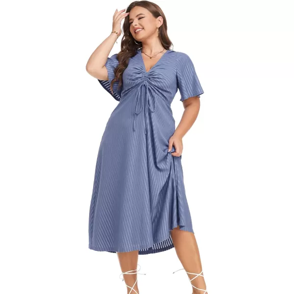 LALAGEN Womens Plus Size Boho Summer Midi Dress 2023 Flutter Short Sleeve Drawstring V Neck Flowy Beach Long Dress 1X6XBlue