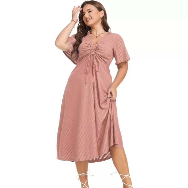 LALAGEN Womens Plus Size Boho Summer Midi Dress 2023 Flutter Short Sleeve Drawstring V Neck Flowy Beach Long Dress 1X6XDusty Rose