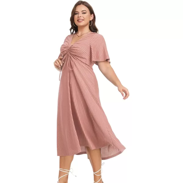 LALAGEN Womens Plus Size Boho Summer Midi Dress 2023 Flutter Short Sleeve Drawstring V Neck Flowy Beach Long Dress 1X6XDusty Rose