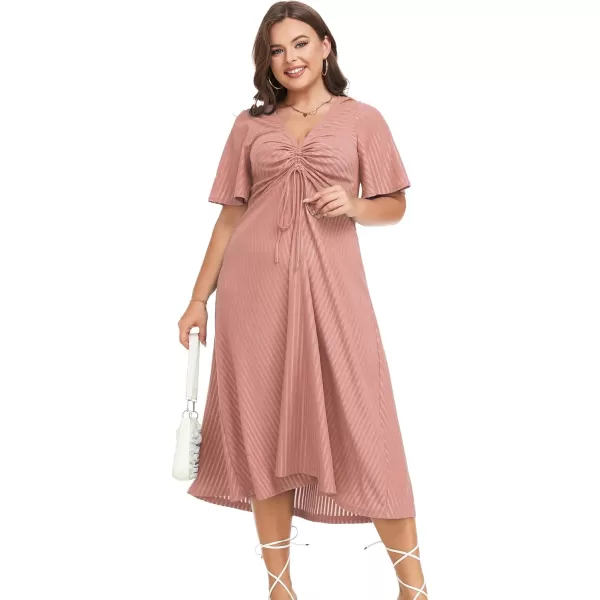 LALAGEN Womens Plus Size Boho Summer Midi Dress 2023 Flutter Short Sleeve Drawstring V Neck Flowy Beach Long Dress 1X6XDusty Rose