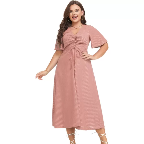 LALAGEN Womens Plus Size Boho Summer Midi Dress 2023 Flutter Short Sleeve Drawstring V Neck Flowy Beach Long Dress 1X6XDusty Rose